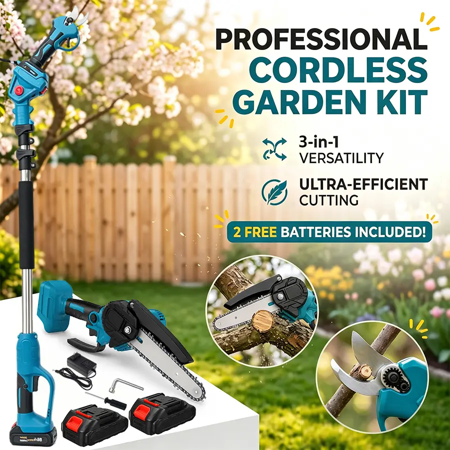 3-in-1 Cordless Pole Saw & Mini Chainsaw 8ft, 2 Batteries