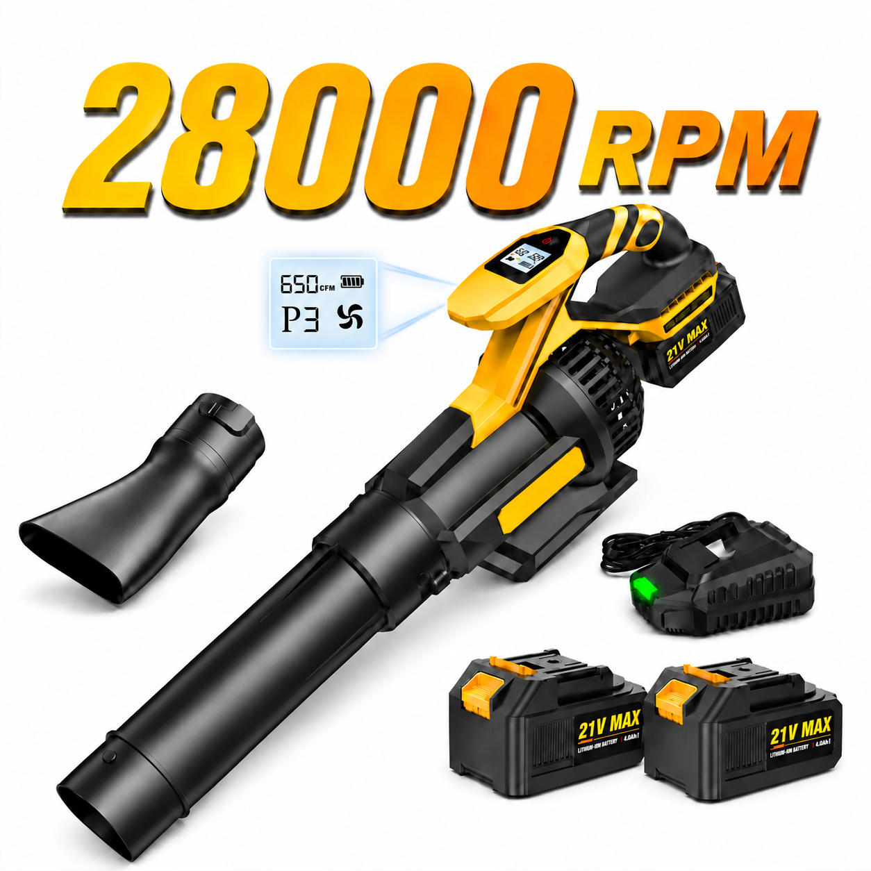 Cordless leaf blower with two 4.0Ah batteries and charger