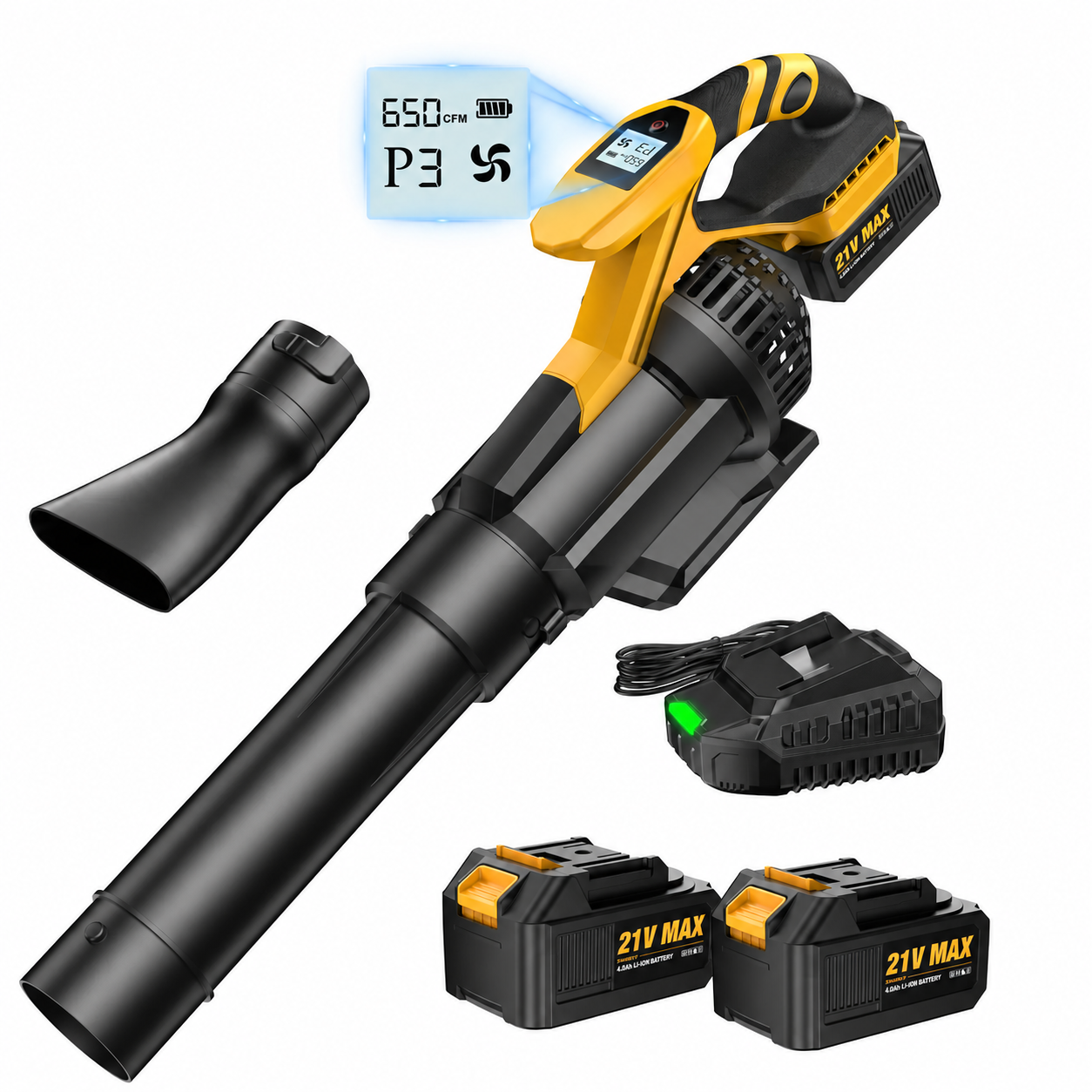Cordless leaf blower product set with two batteries