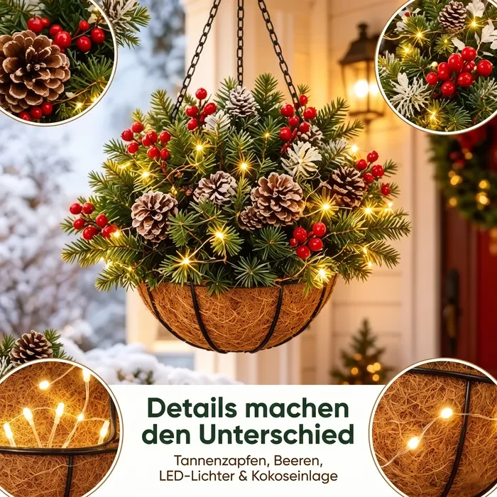 🏆 Vorbeleuchteter Weihnachtlicher Hängekorb🎄Bereits beleuchtet, wetterbeständig & völlig pflegeleicht (2 Kaufen, KOSTENLOSER VERSAND)