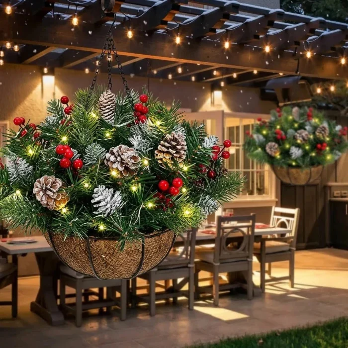 🏆 Vorbeleuchteter Weihnachtlicher Hängekorb🎄Bereits beleuchtet, wetterbeständig & völlig pflegeleicht (2 Kaufen, KOSTENLOSER VERSAND)