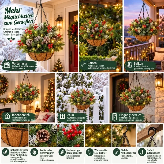 🏆 Vorbeleuchteter Weihnachtlicher Hängekorb🎄Bereits beleuchtet, wetterbeständig & völlig pflegeleicht (2 Kaufen, KOSTENLOSER VERSAND)