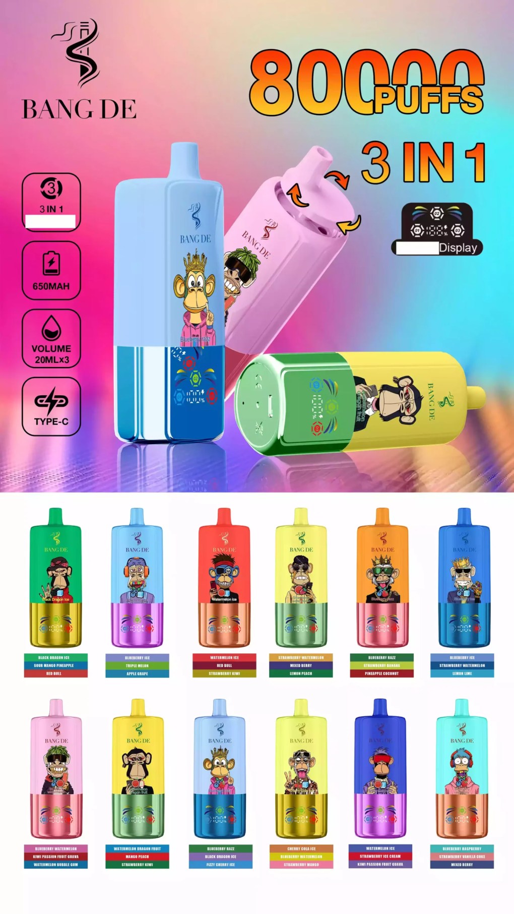 BANG DE 80K Disposable Vapes Wholesale Bulk Buy 80000 Puffs Dual Mesh Coil Adjustable Airflow LED Ring Design