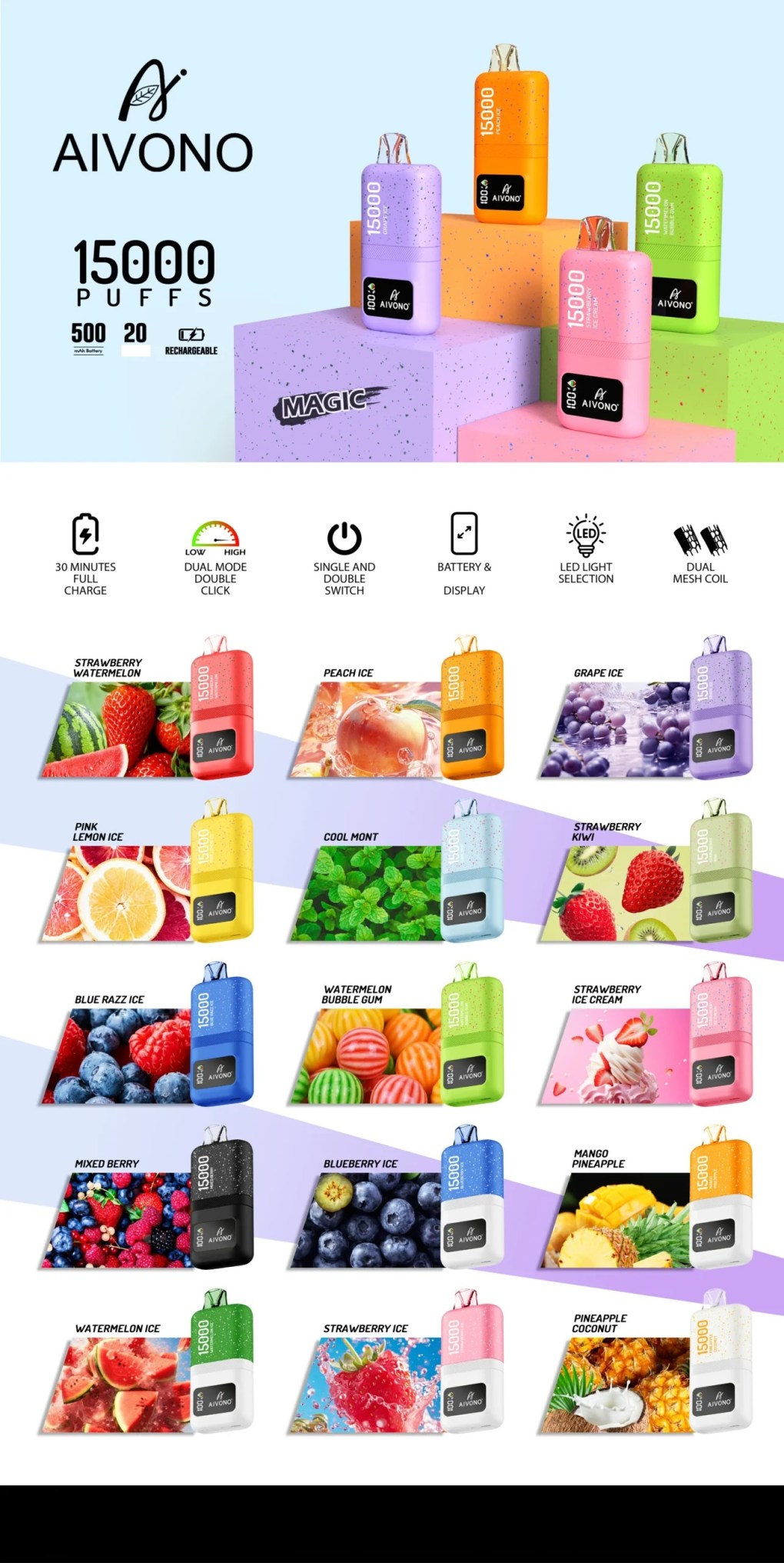 AIVONO AIM MAGIC 15000 Puffs 0% 2% 3% 5% Nicotine Rechargeable Bulk Buy Disposable Vape Wholesale