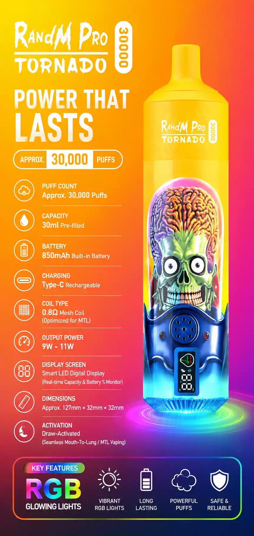 MYDE 30K Randm Pro Tornado 30000 Puffs Disposable Vapes Smart LED Display Mesh Coil Rechargeable Wholesale Bulk Buy 