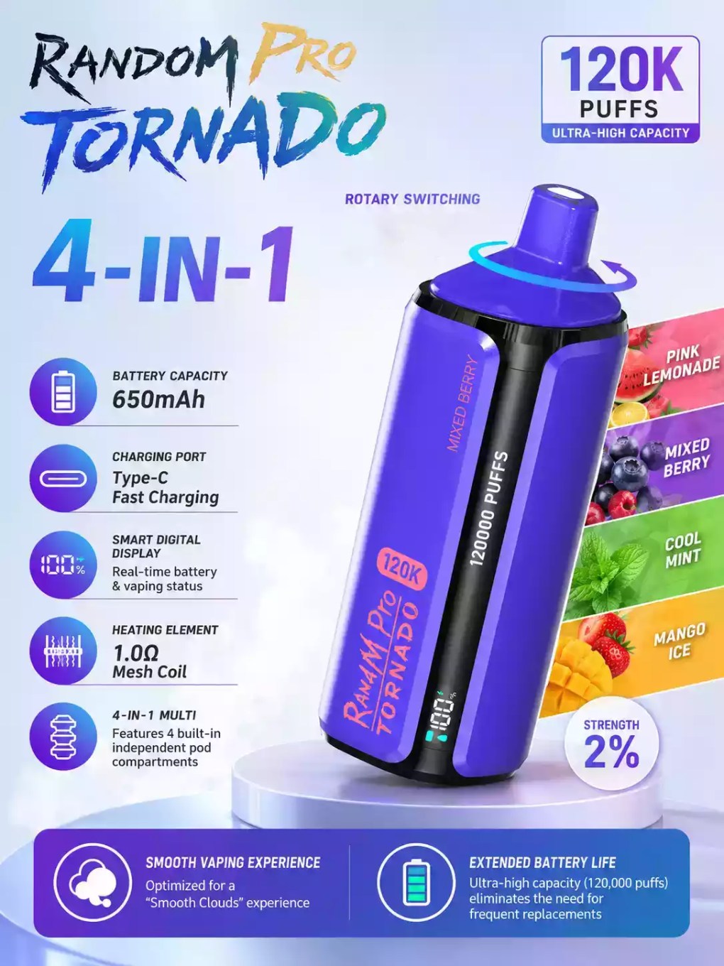 MYDE 4in1 120K Randm Pro Tornado120000 Puffs Disposable Vapes Wholesale Bulk Buy Smart Display Mesh Coil