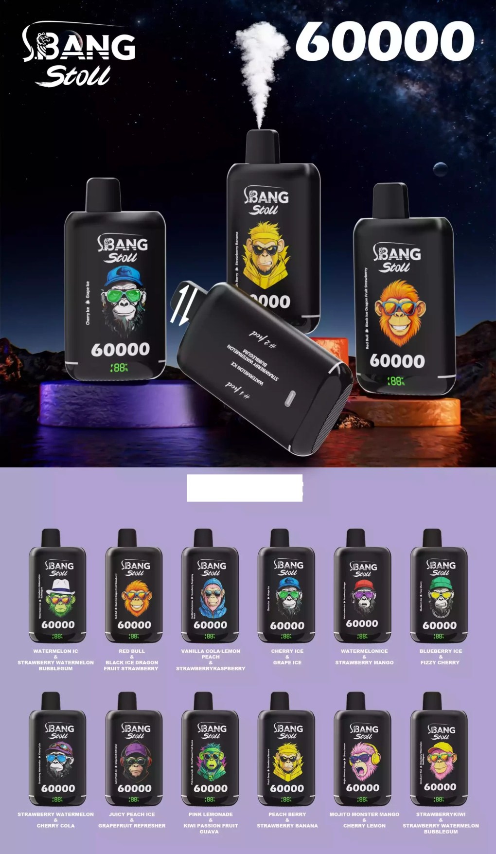 BANG LEADER STOLL 60000 60K Puffs Disposable Vapes Wholesale Bulk Buy Dual Taste Options Mesh Technology