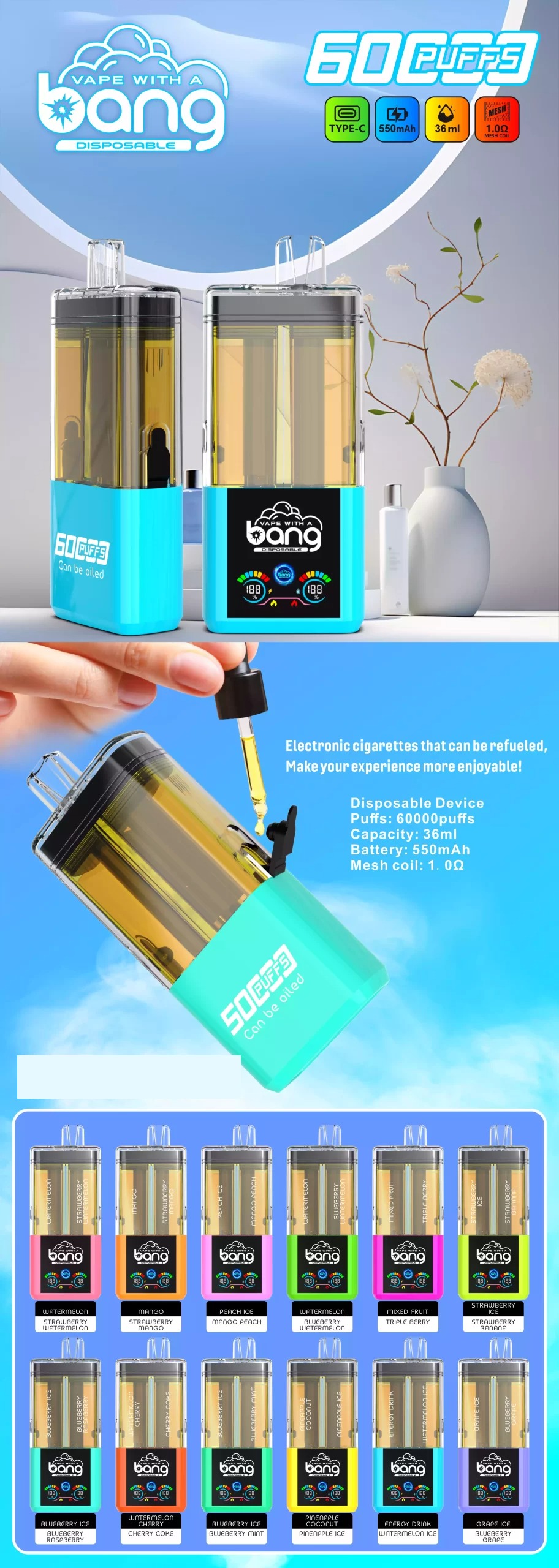 BANG 60000 Puffs DSK037 2 IN 1 Disposable Vapes Wholesale Bulk Buy Refillable Model Durable Power DTL