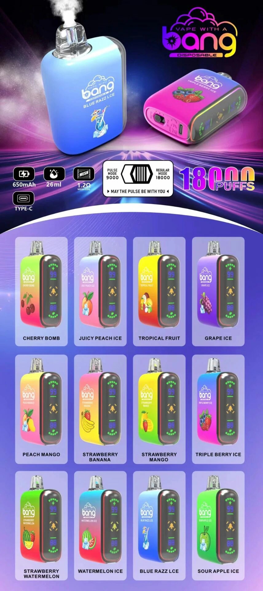 Bang 18000 Puffs Dual Mesh Digital Box Bulk Buy Disposable Vape Wholesale