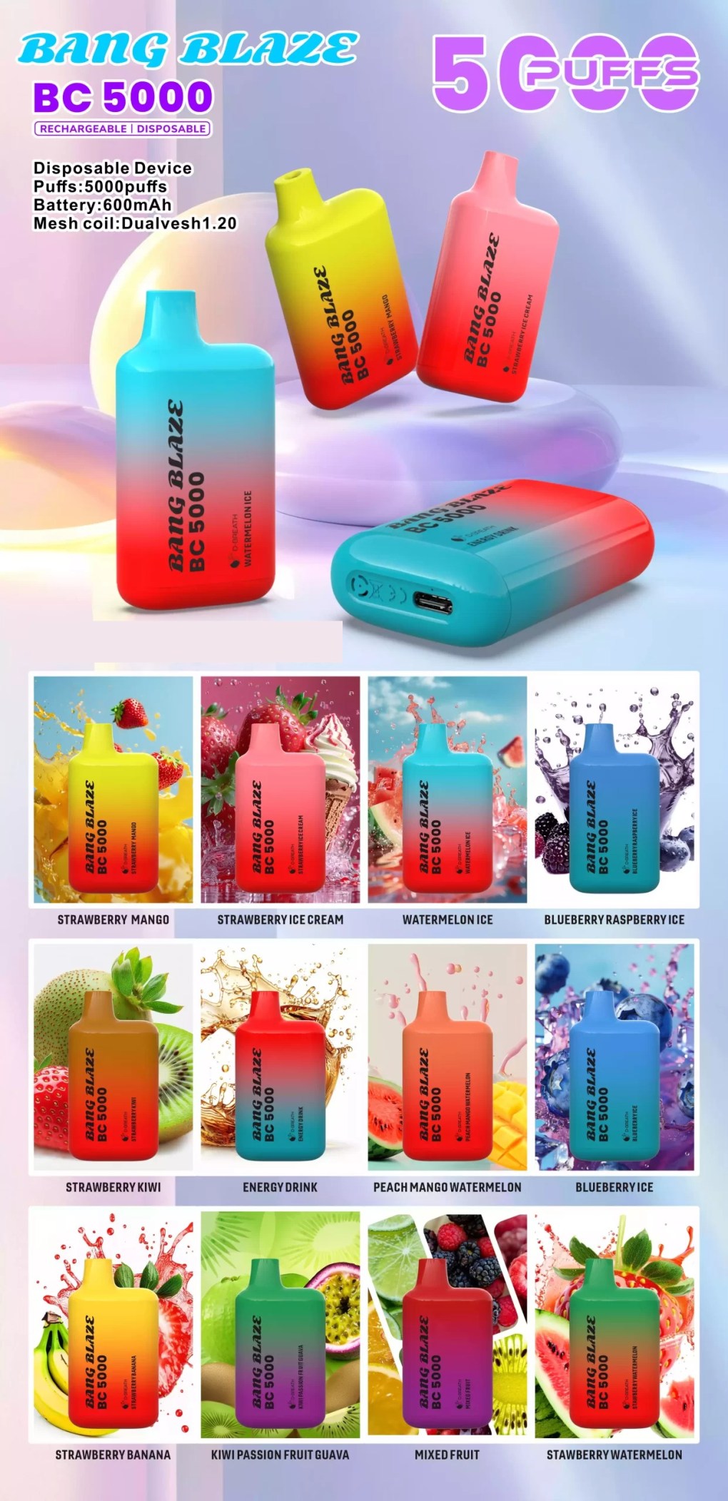 BANG BLAZE BC 5000 Puffs DSK062 Rechargeable Disposable Vapes Pen Wholesale