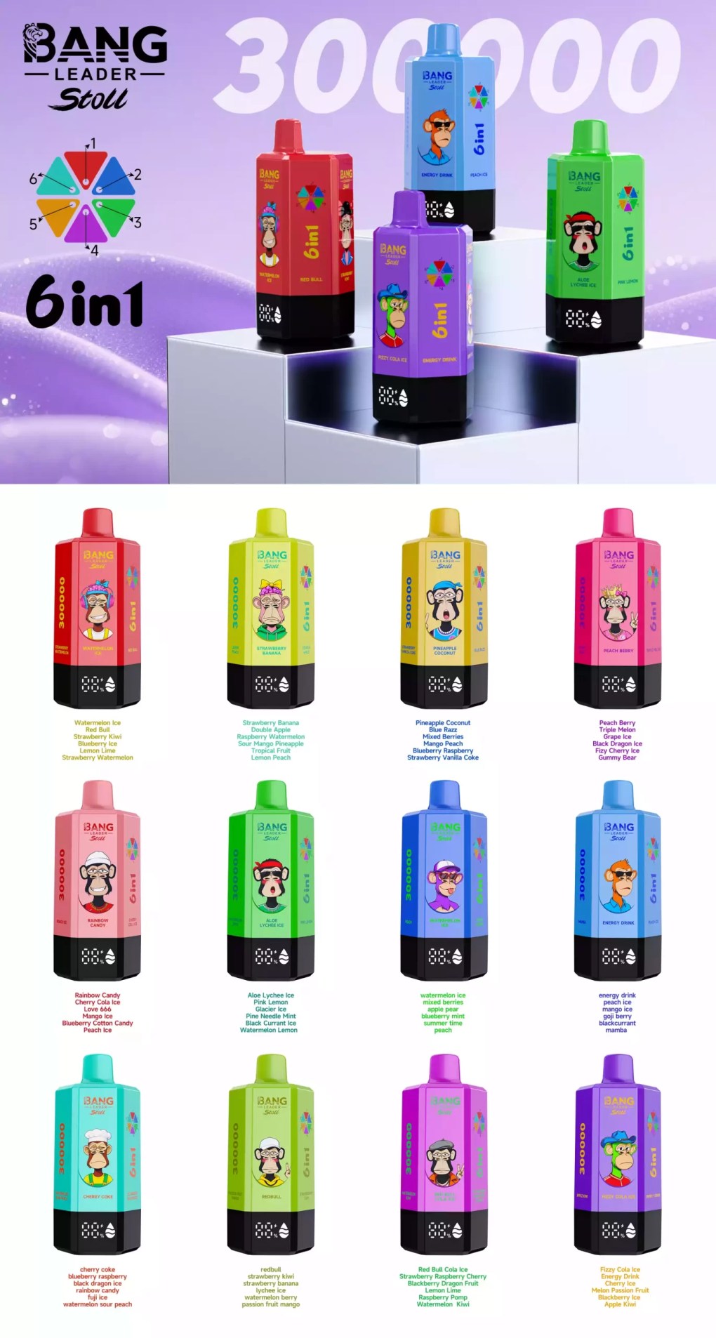 BANG LEADER STOLL 300000 300K 6 in 1 Taste Disposable Vapes Wholesale Bulk Buy Rechargeable Ultra Long Puffs