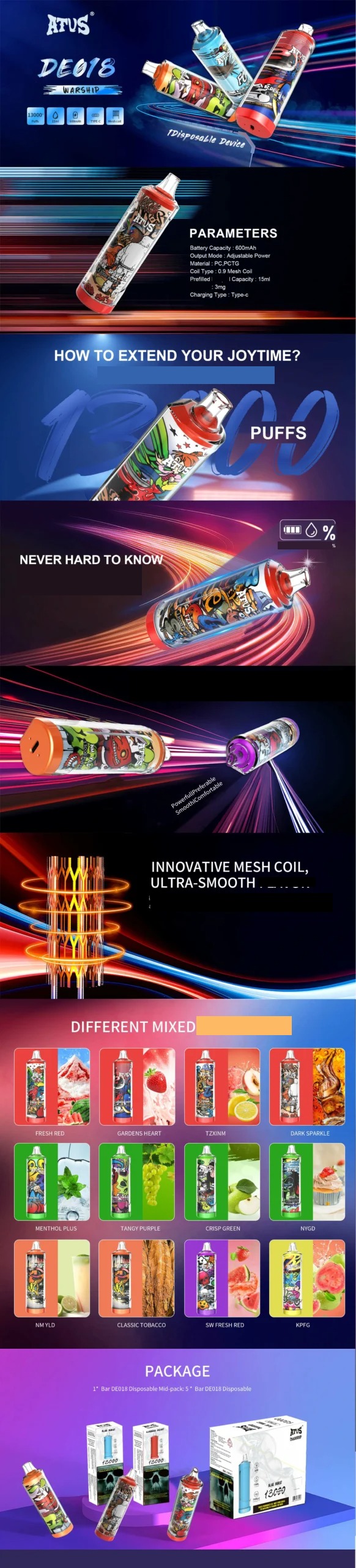 Atvs 13000 Puffs 13K 5% Low Concentration Bulk Buy Rechargeable Disposable Vapes Pen Wholesale