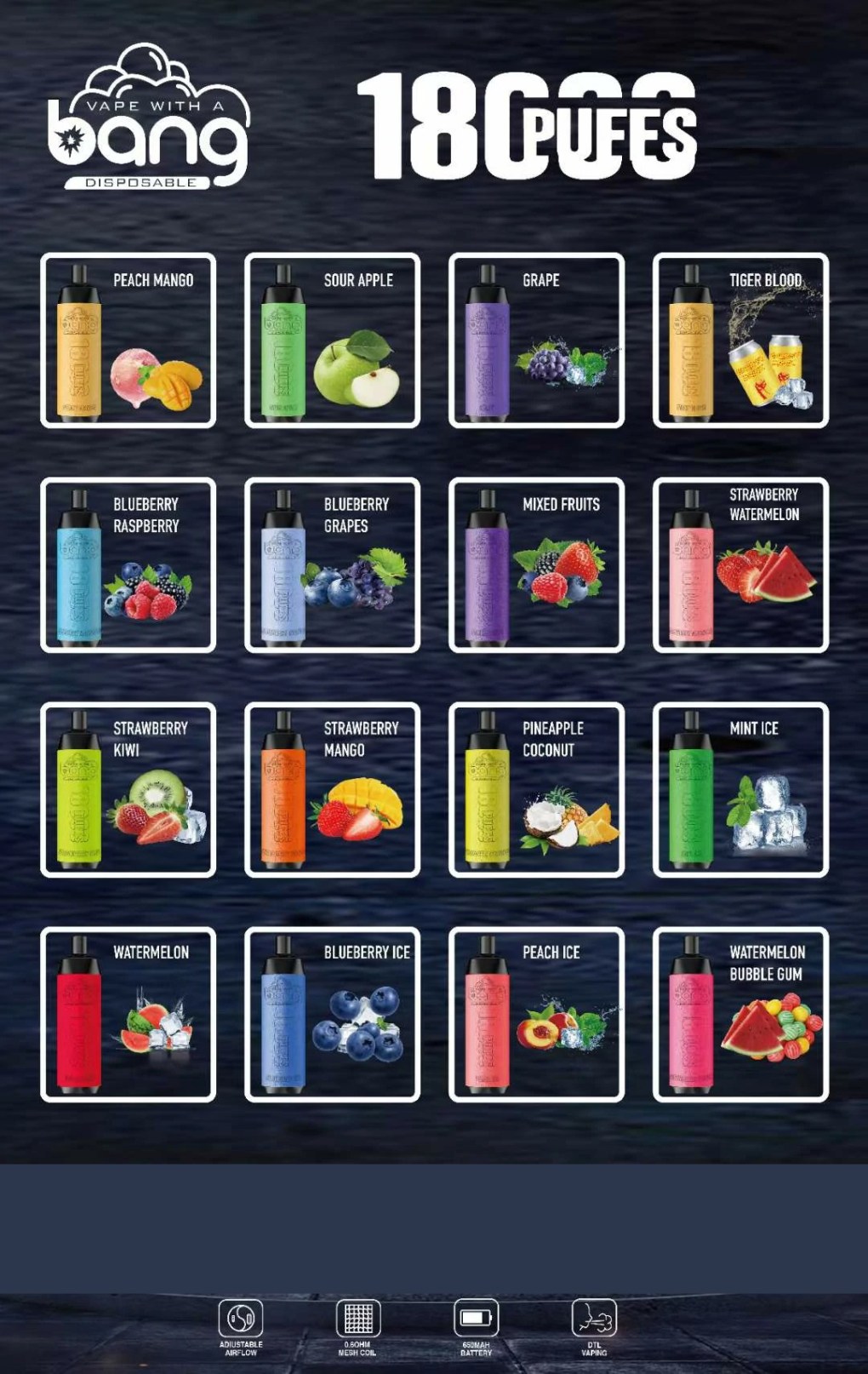 Bang Crown Bar 18000 Puffs 0% 2% 3% 5% Low Nicotine Bulk Buy Rechargeable Disposable Vapes Pen Wholesale