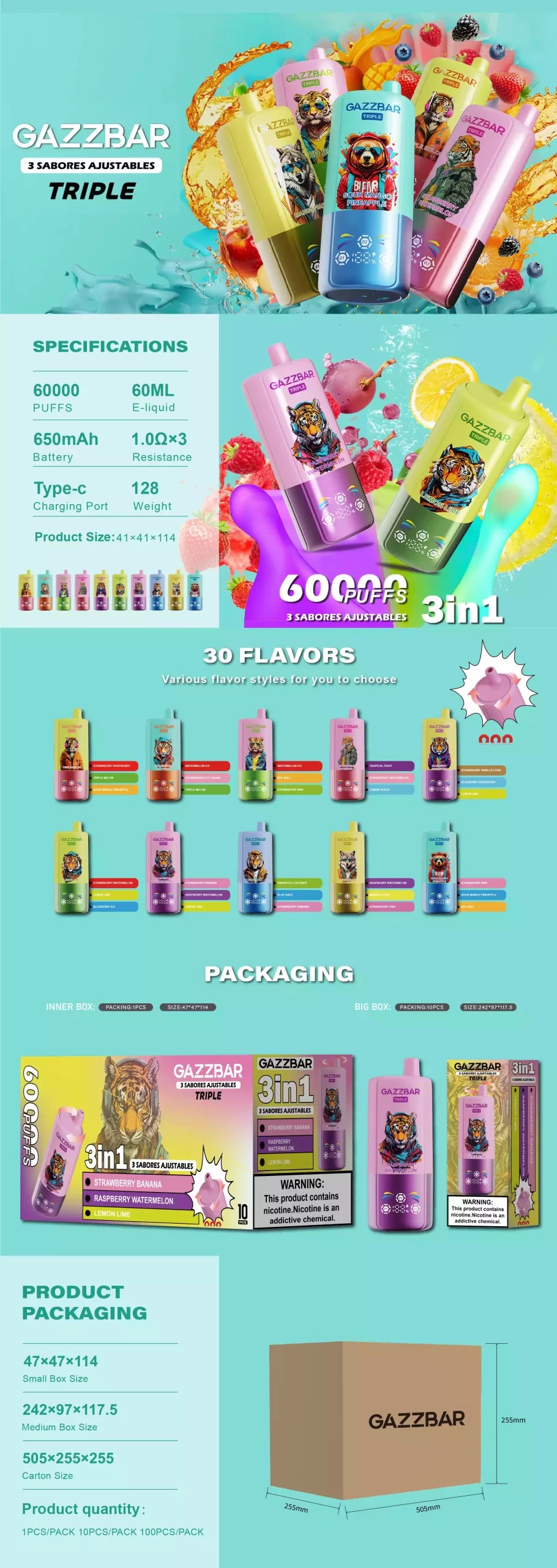 GAZZ BAR Triple 60000 Puffs 3in1 Authentic Disposable Vape Wholesale