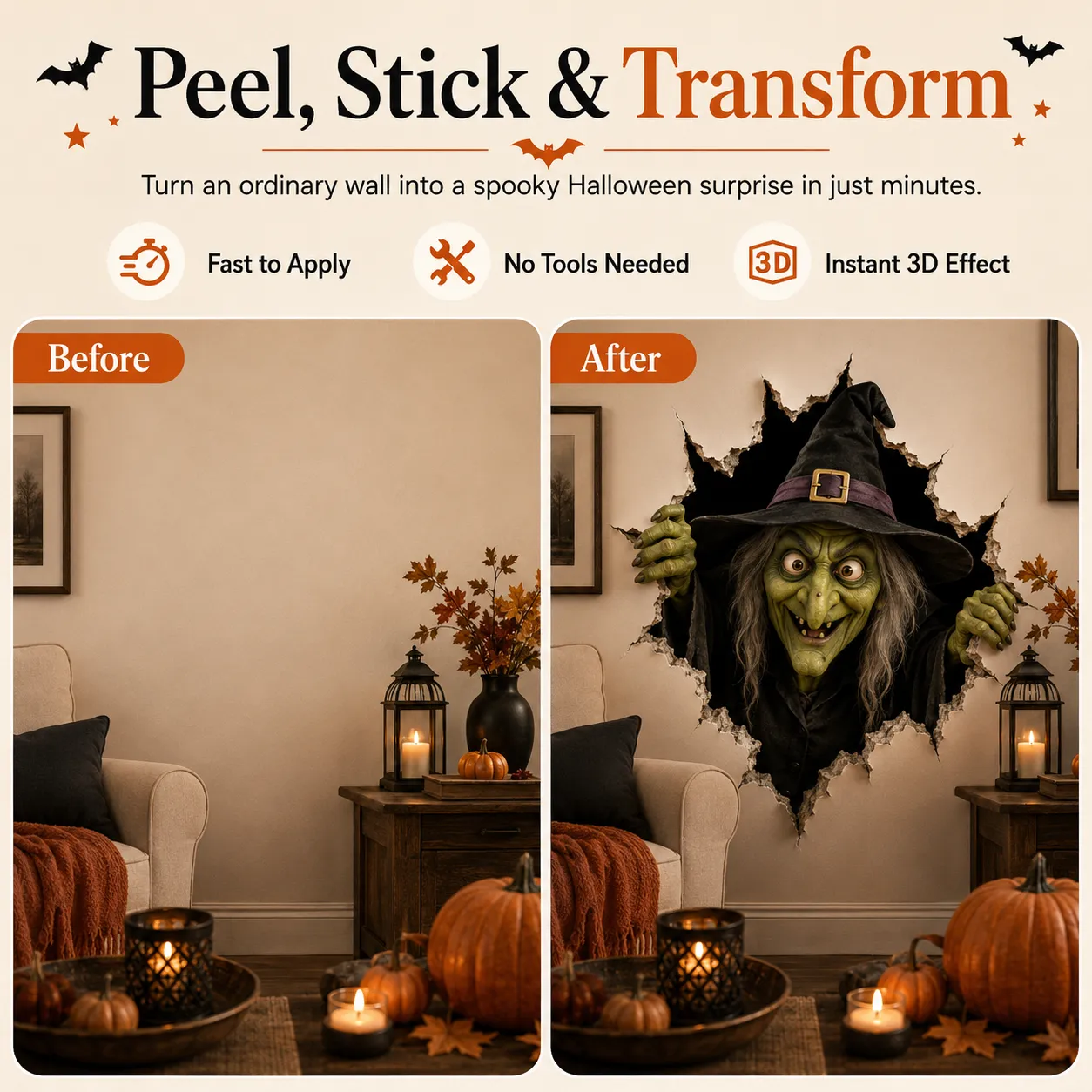 Halloween Witch Wall Decal Before After