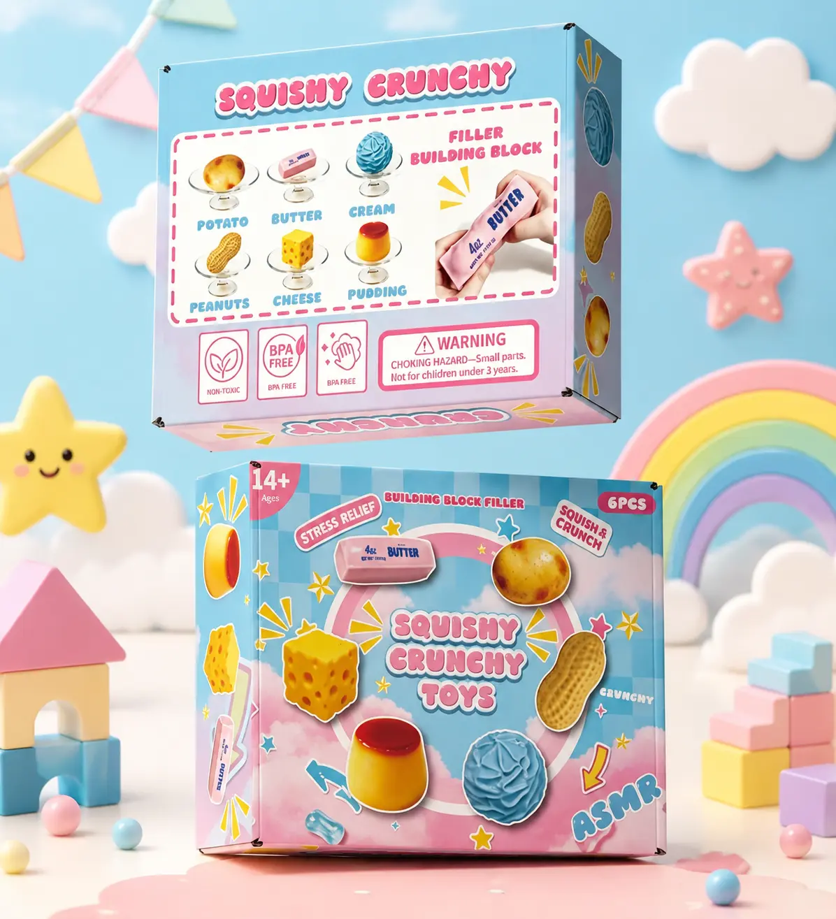 6‑Piece Squishy Crunchy Stress Relief Fidget Toys, ASMR Squeeze Sensory Stress Balls, Relaxing Unique Tactile Fidgets, Sensory Room Supplies, 6 Assorted Food‑Shaped Designs, Novelty Holiday Gifts
