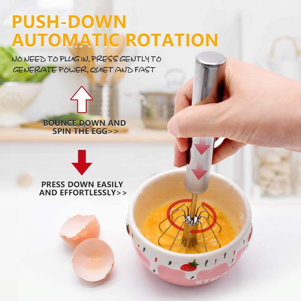 Stainless Steel Rotary Push Whisk, Semi Automatic Hand Push Egg Beater for Baking Cream Pancake Mixing