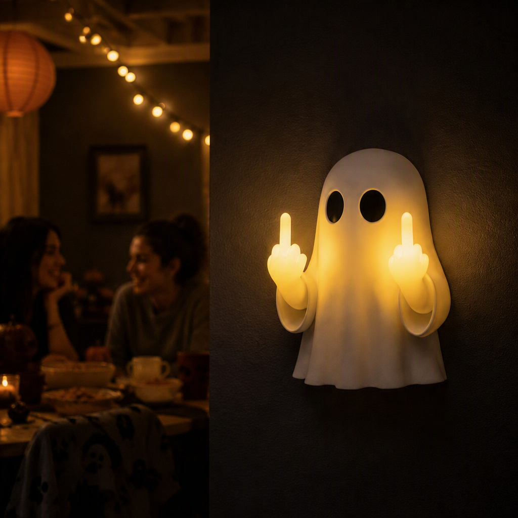👻 Funny Middle Finger Ghost Wall Sconce, Warm LED Ghost Wall Lamp for Halloween Home Decor