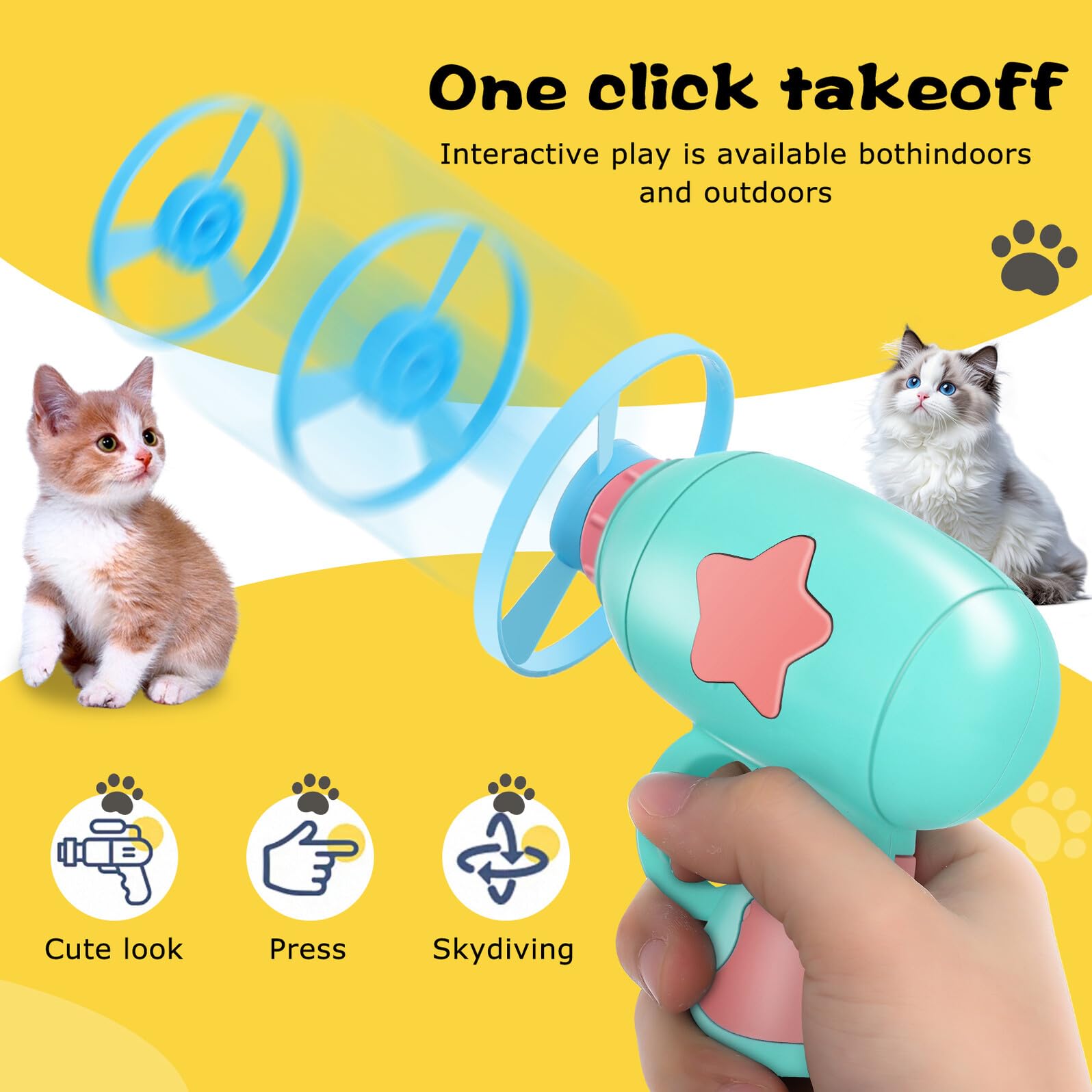 🐱 Interactive Flying Propeller Disc Launcher Cat Toy with 3Pcs Flying Discs, One-Click Shoot Kitty Chasing Exercise Toy, Indoor Outdoor Hunting Stimulation Pet Toy for Kitten