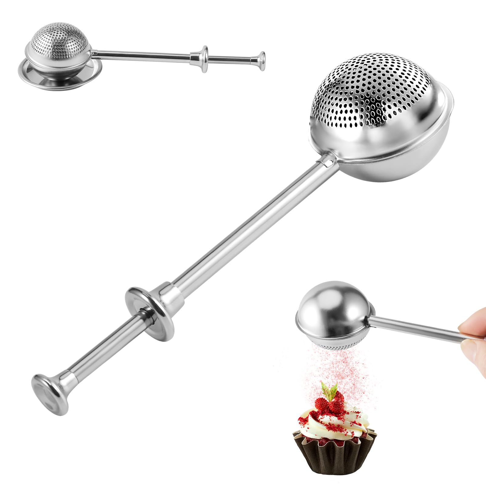 🥐 304 Stainless Steel Handheld Flour Duster Sifter with Storage Saucer, One-Hand Spring Powder Shaker for Baking Powder, Spices & Loose Leaf Tea