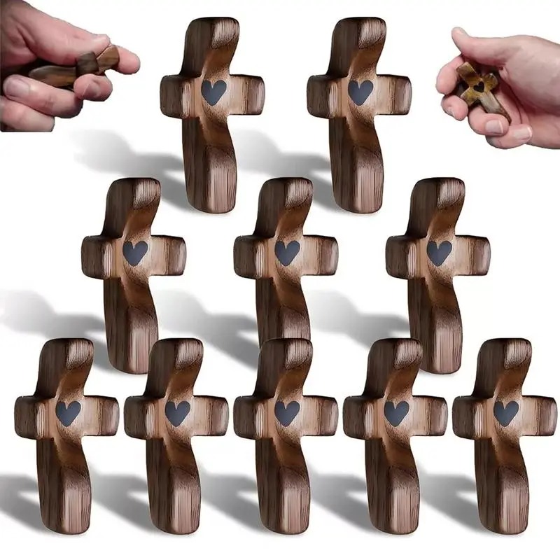 ✝️ Pocket Wooden Cross, Hand Held Prayer Cross With Heart, Comfort Palm Cross For Meditation Religious Encouragement Gift