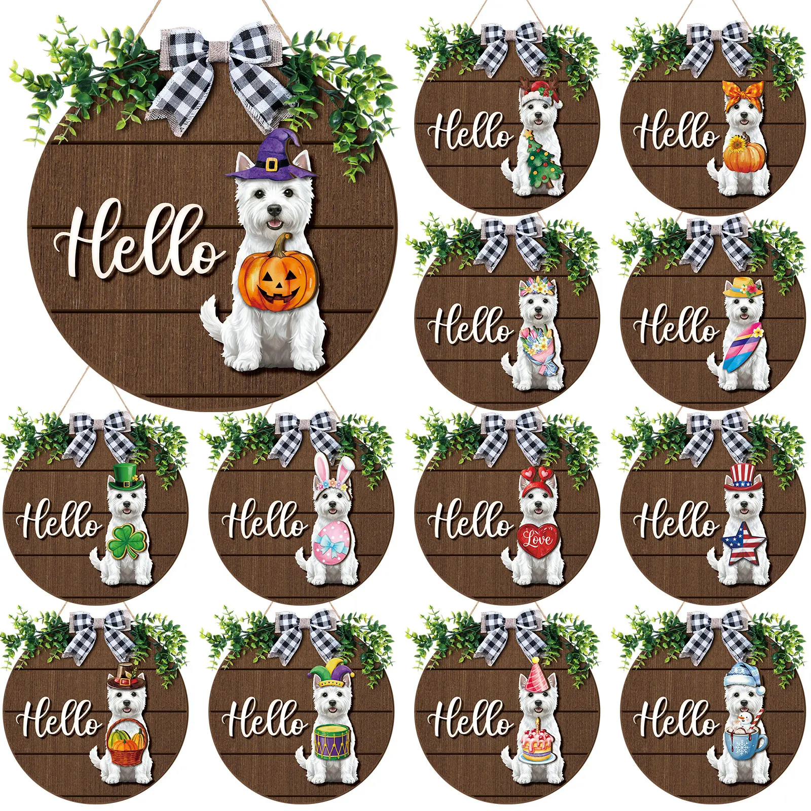 Halloween Cat Sign Interchangeable Welcome Sign Cute Cat and Dog Season Hanging Decor with Magnetic Detachable Hats Round Hanger for Home Wall Garden Porch Door, Housewarming Gift, Gift for Animal Cat Lover