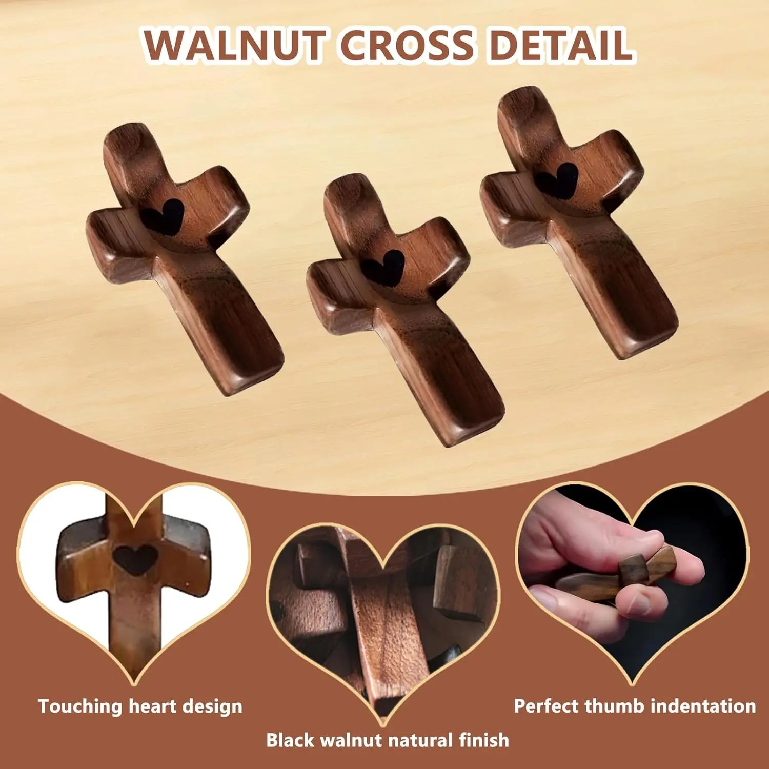 ✝️ Pocket Wooden Cross, Hand Held Prayer Cross With Heart, Comfort Palm Cross For Meditation Religious Encouragement Gift