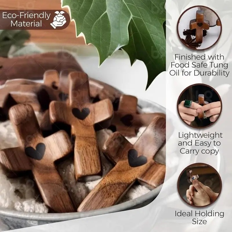 ✝️ Pocket Wooden Cross, Hand Held Prayer Cross With Heart, Comfort Palm Cross For Meditation Religious Encouragement Gift