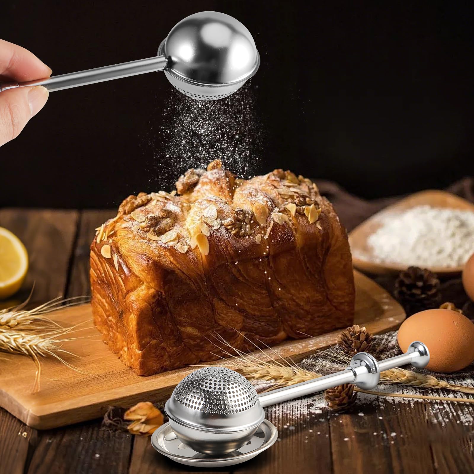 🥐 304 Stainless Steel Handheld Flour Duster Sifter with Storage Saucer, One-Hand Spring Powder Shaker for Baking Powder, Spices & Loose Leaf Tea