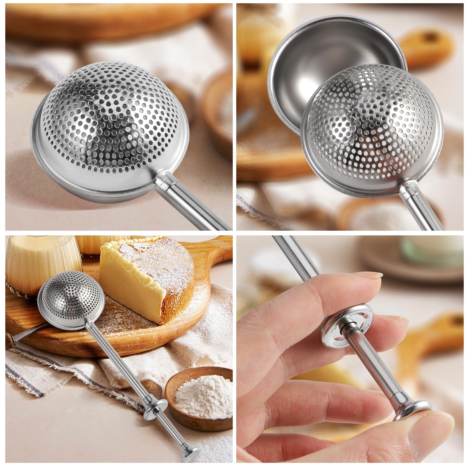 🥐 304 Stainless Steel Handheld Flour Duster Sifter with Storage Saucer, One-Hand Spring Powder Shaker for Baking Powder, Spices & Loose Leaf Tea