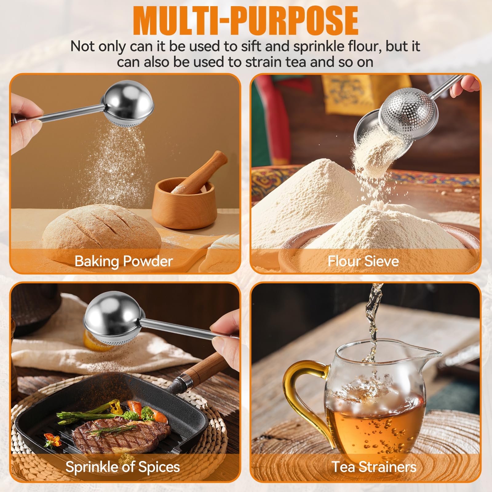 🥐 304 Stainless Steel Handheld Flour Duster Sifter with Storage Saucer, One-Hand Spring Powder Shaker for Baking Powder, Spices & Loose Leaf Tea