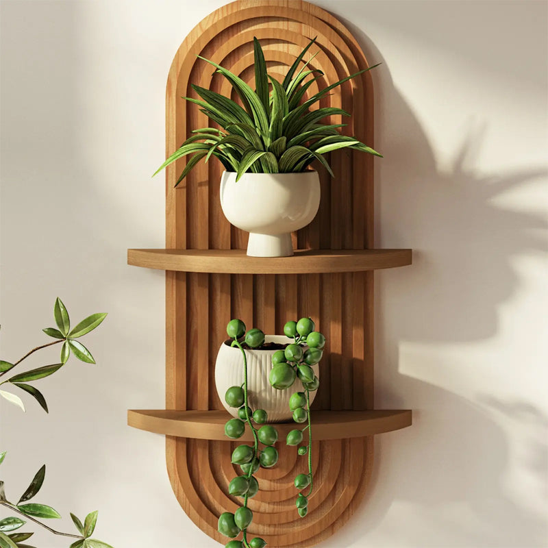 Close-up of wooden arched wall shelf with plants