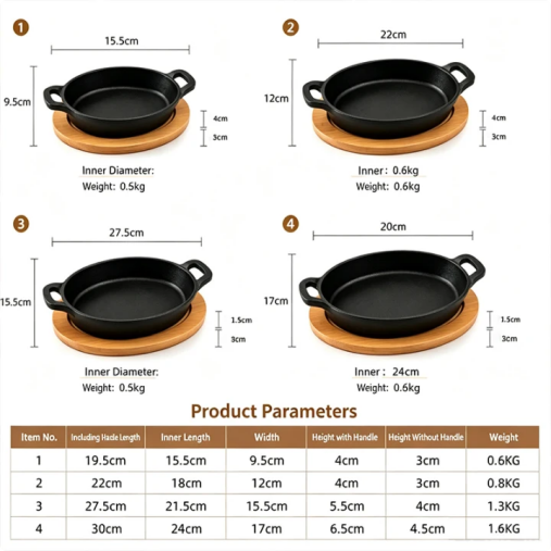 Four cast iron skillet sizes with product dimensions