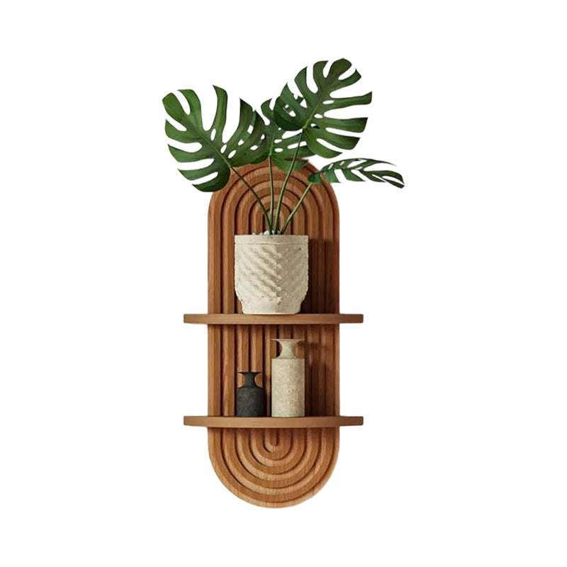 Boho arched wooden wall shelf with plants and decor