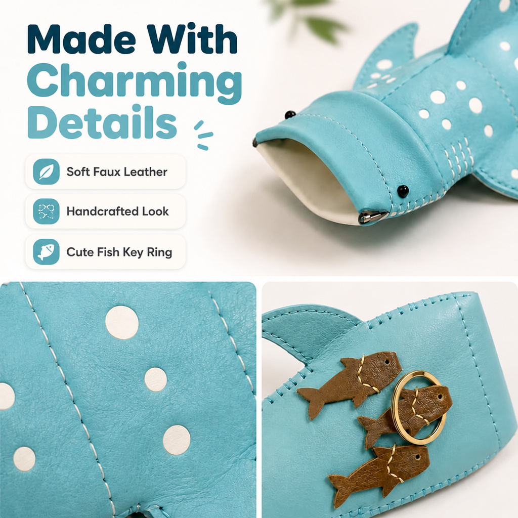 🦈 Multi‑Purpose Whale Shark Storage Pouch, Wide‑Open Faux Leather Organizer Bag For Glasses Phone Pens Daily Small Items With Fish Keychain