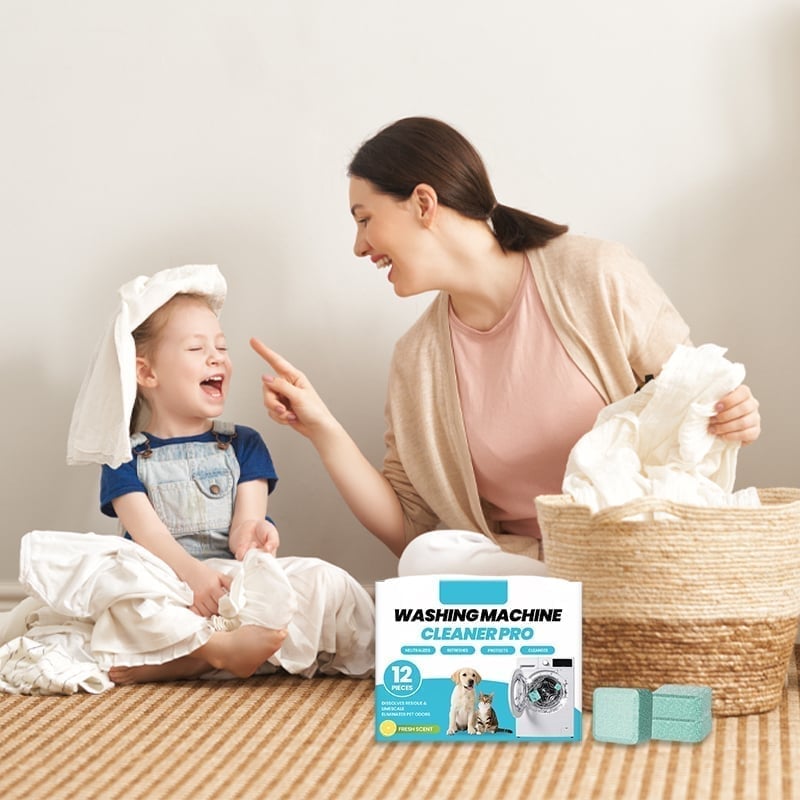 Family laundry routine with washing machine cleaner tablets