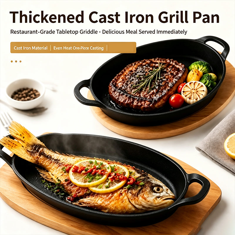 Cast iron skillet with steak and fish