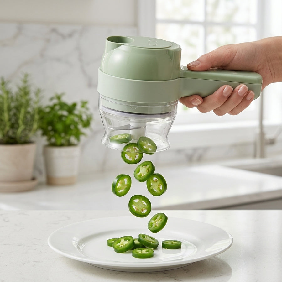 🥬 4-in-1 Electric Handheld Vegetable Chopper, USB Rechargeable Garlic Mincer, Slicer, Vegetable Peeler & Cleaning Brush, Cordless Mini Food Processor for Onion Chili Ginger