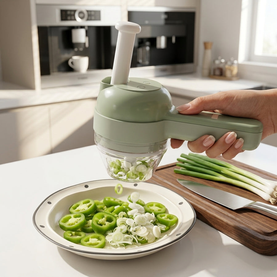 🥬 4-in-1 Electric Handheld Vegetable Chopper, USB Rechargeable Garlic Mincer, Slicer, Vegetable Peeler & Cleaning Brush, Cordless Mini Food Processor for Onion Chili Ginger
