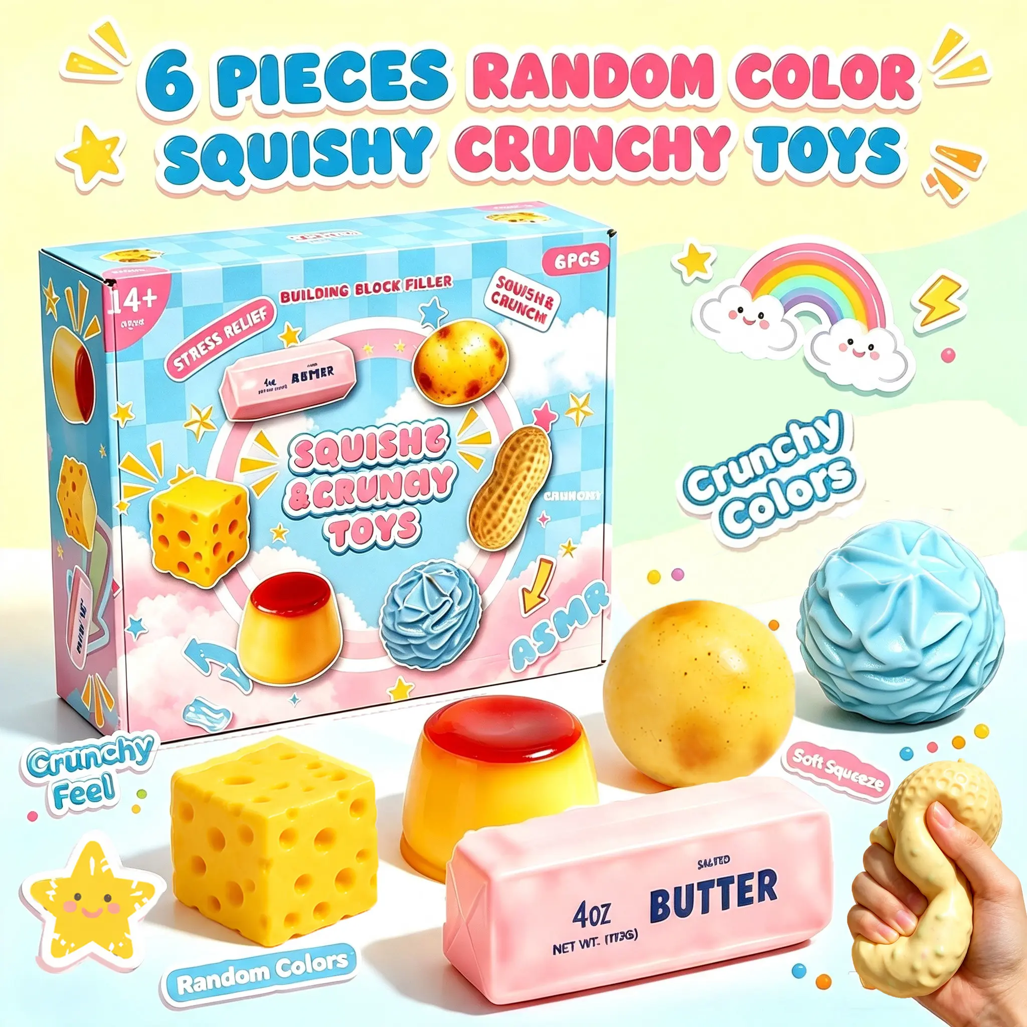 6‑Piece Squishy Crunchy Stress Relief Fidget Toys, ASMR Squeeze Sensory Stress Balls, Relaxing Unique Tactile Fidgets, Sensory Room Supplies, 6 Assorted Food‑Shaped Designs, Novelty Holiday Gifts