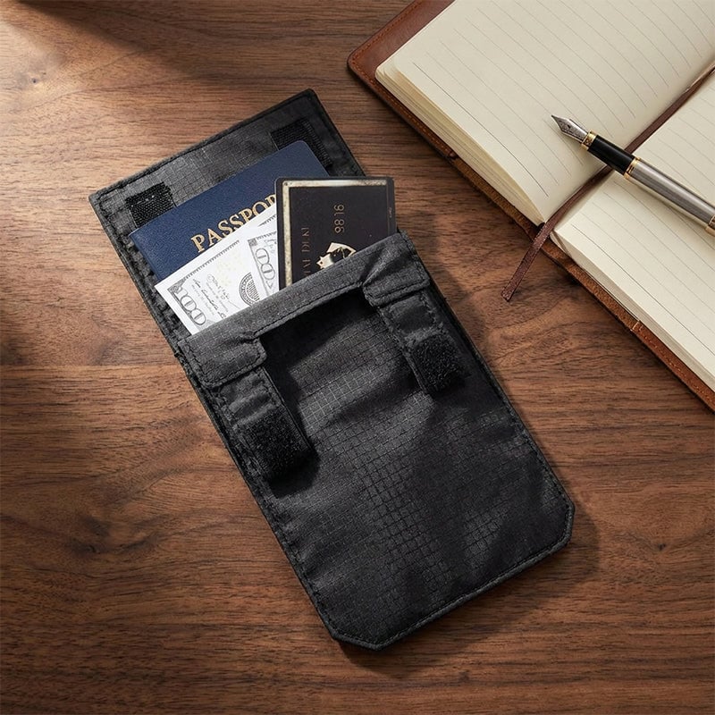 Waist belt travel pouch holding passport cash and cards