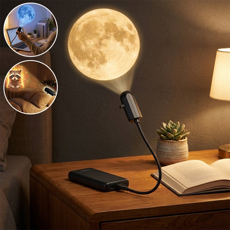 USB star projector creating moon projection in a bedroom