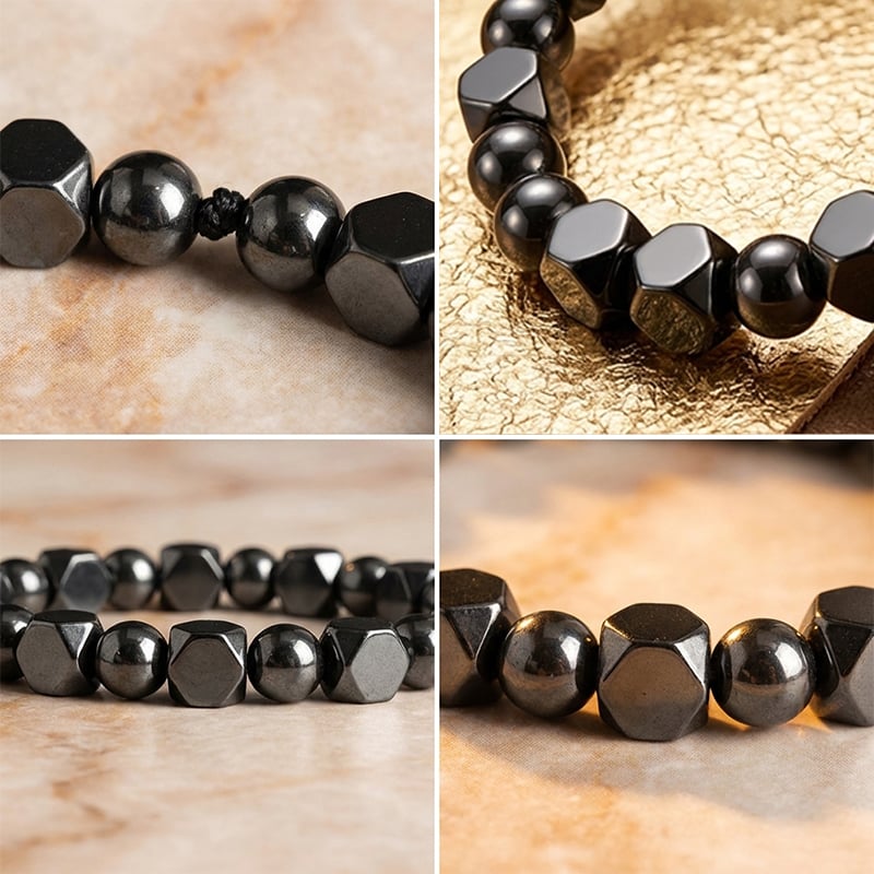 Close-up of polished black stone bracelet beads