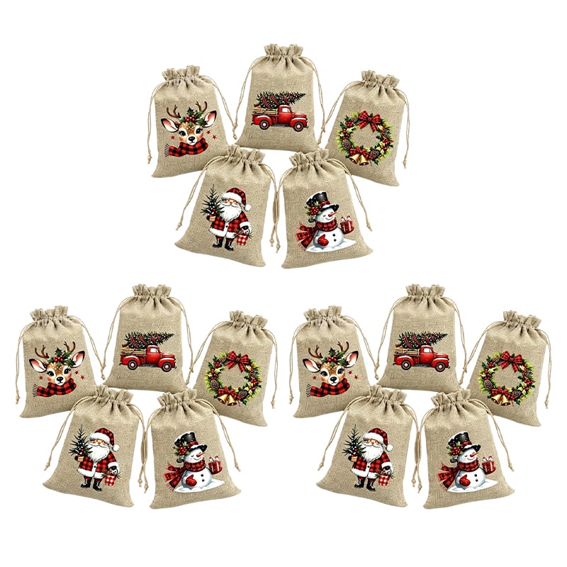 Multiple sets of Christmas burlap drawstring bags