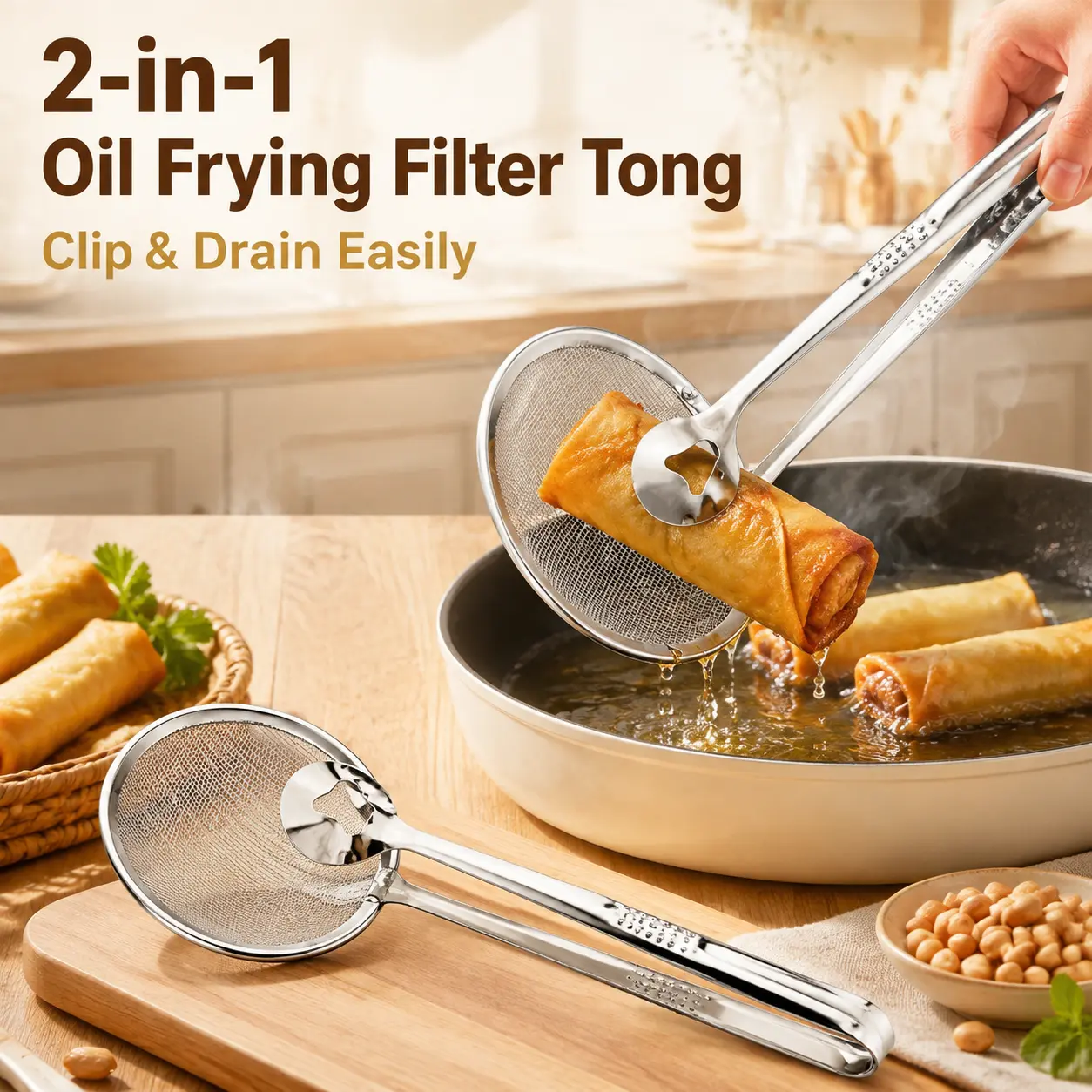 2-in-1 strainer tongs lifting fried food