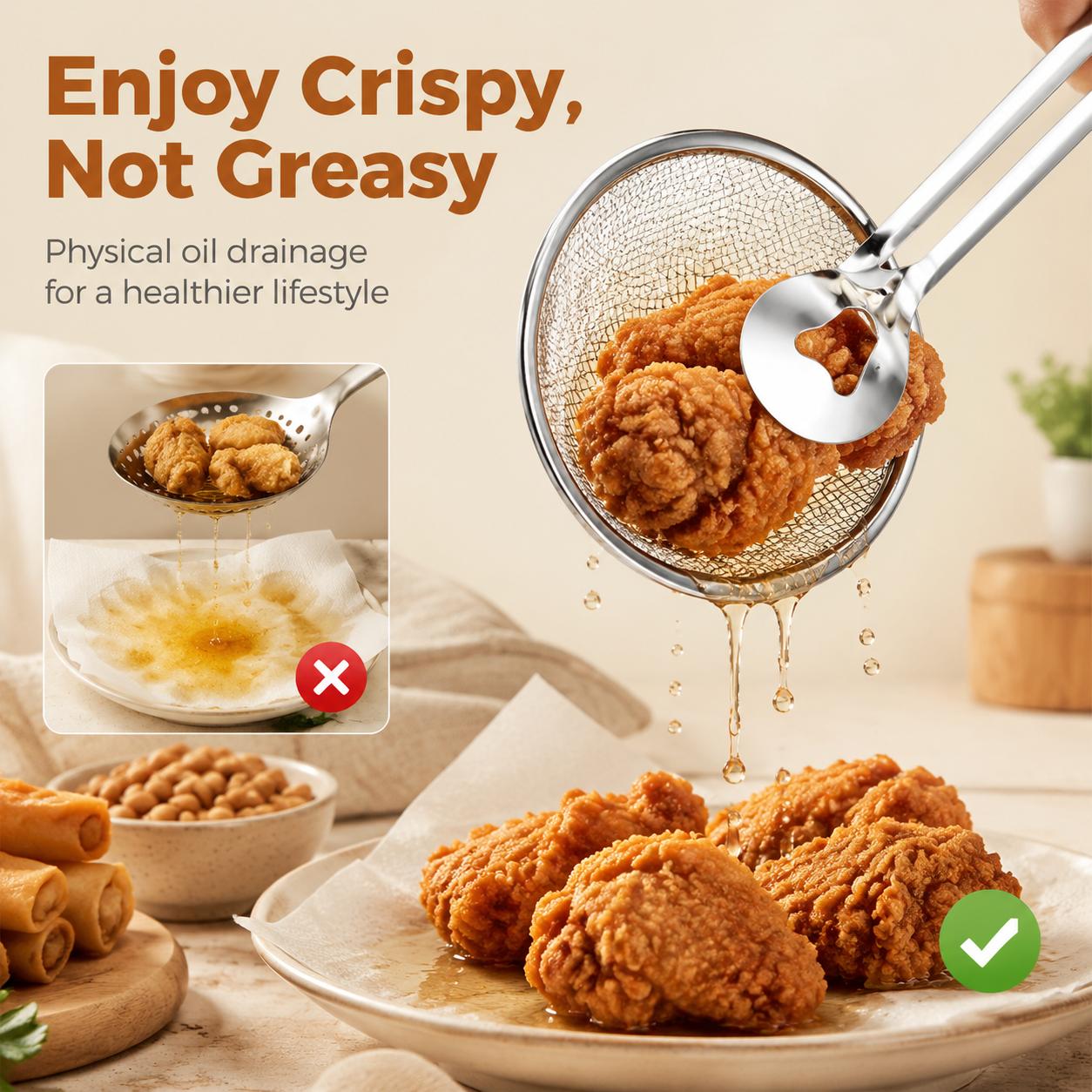 Fine mesh strainer draining excess oil from fried food