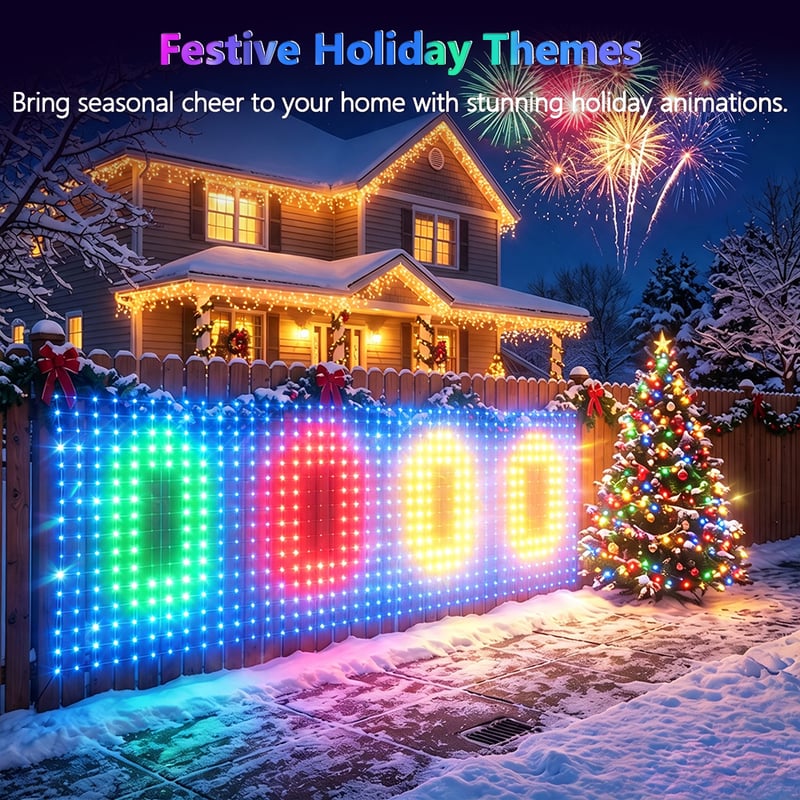 RGB holiday net lights decorating a home