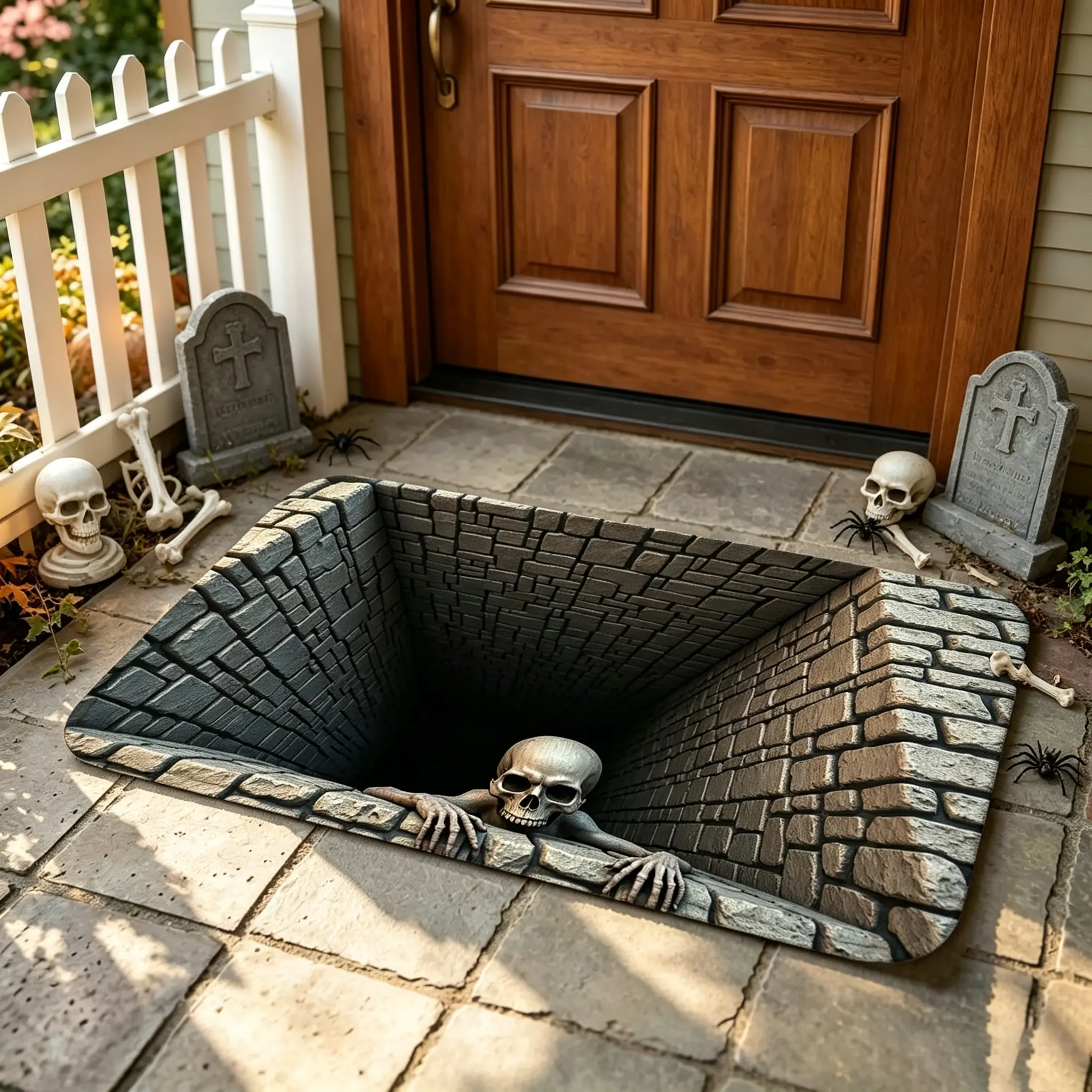 Halloween skull mat at a front door
