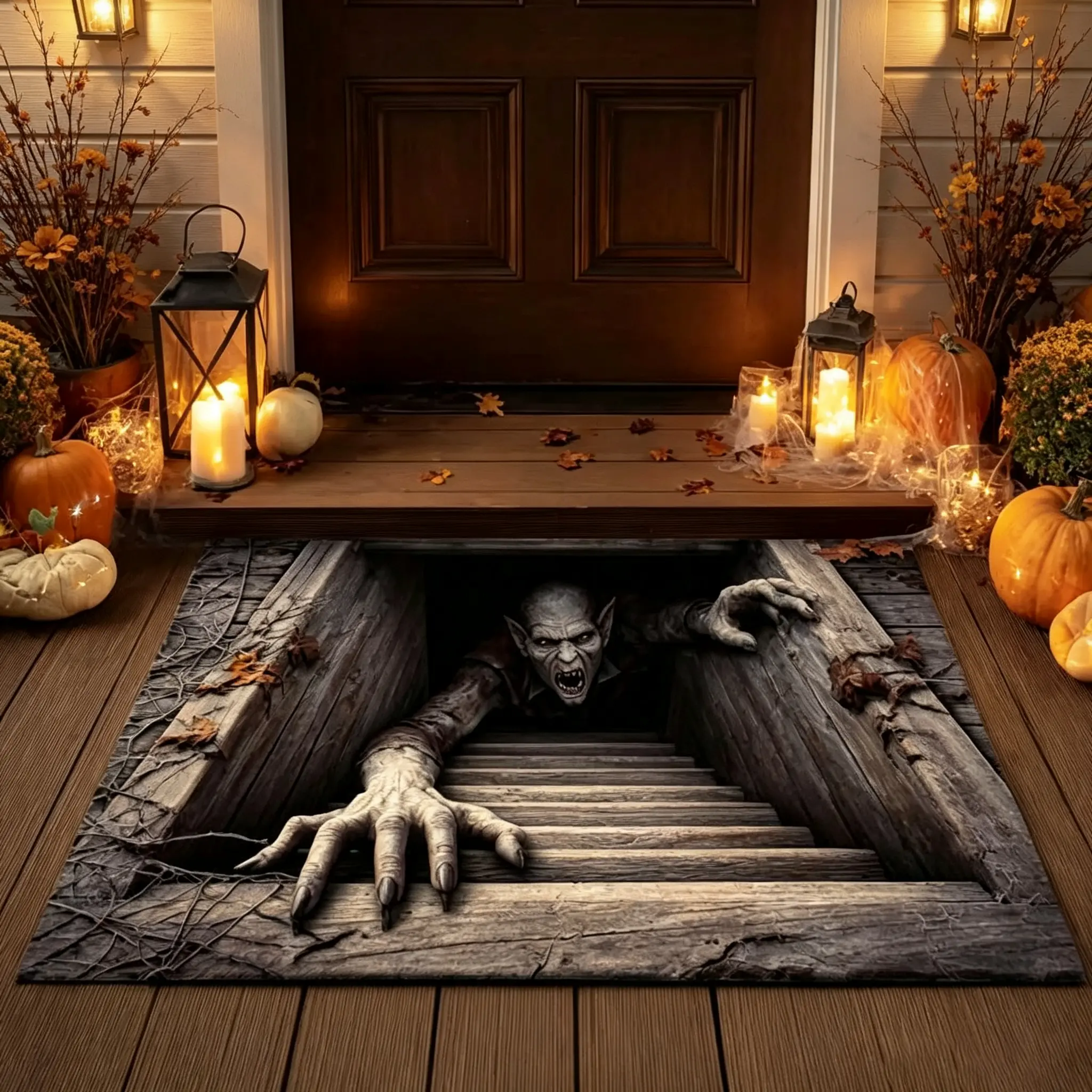 Halloween horror floor mat in a decorated entrance