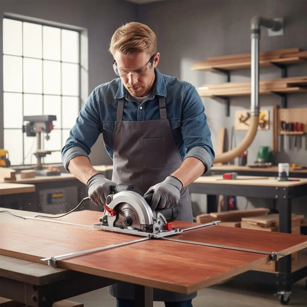 Woodworker Using Straight Edge Cutting Guide